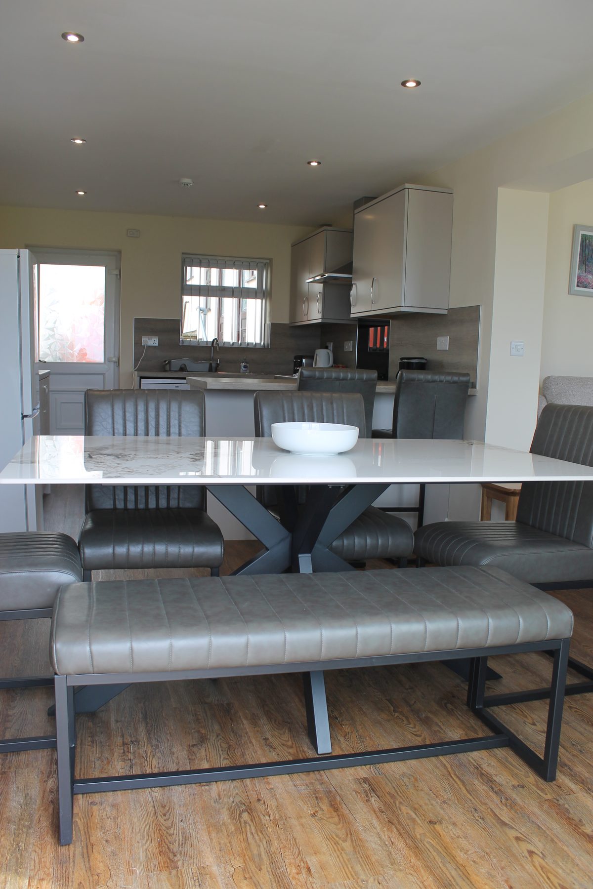 Large dining table with bench seating