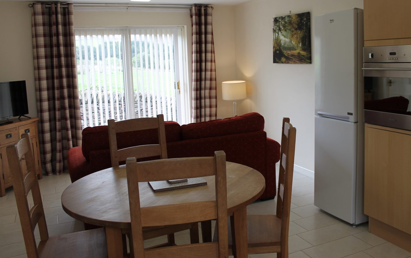 Dining area with patio door views